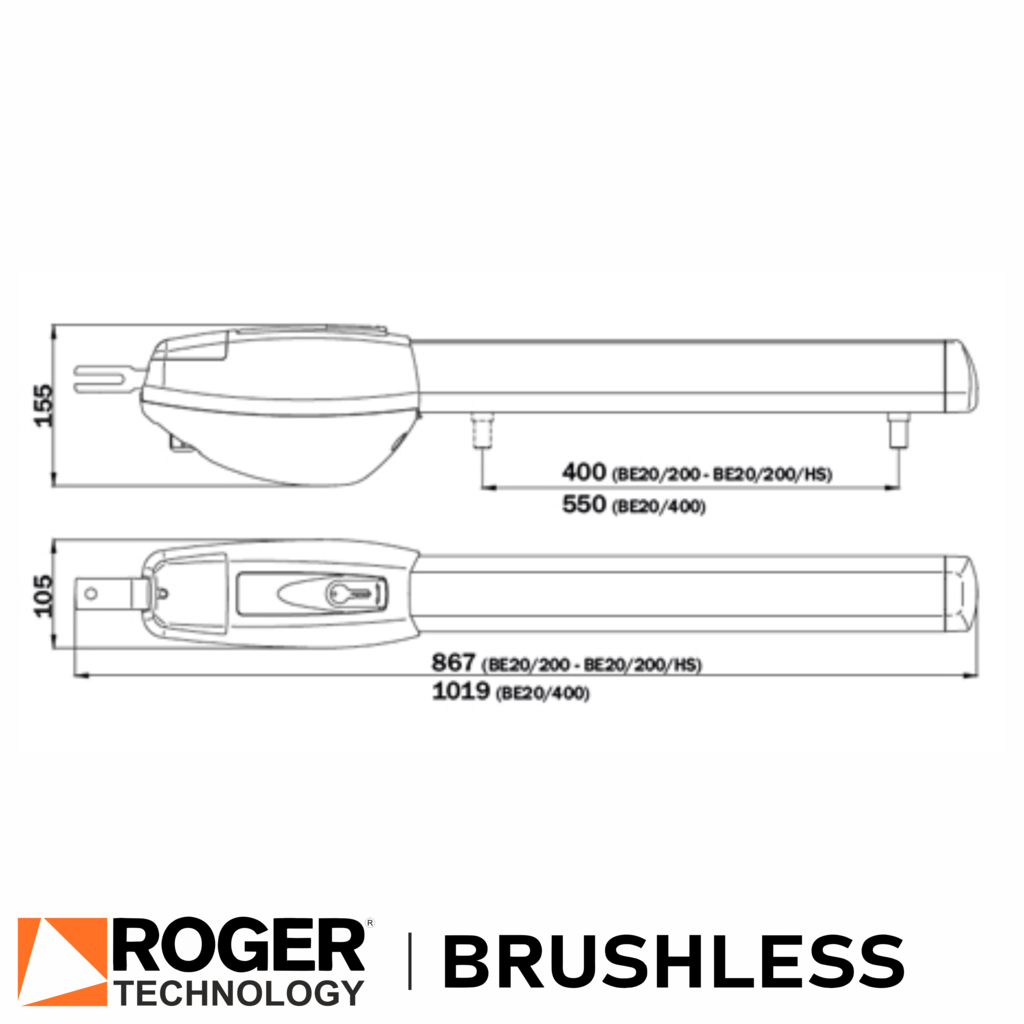 Roger Technology BE20/200 Gate Motor spec drawing